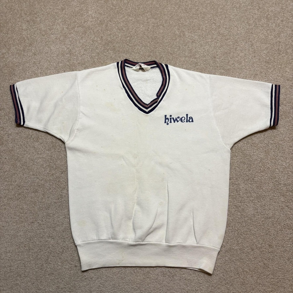 Vtg 60s Champion Running Man Sweatshirt Medium Hiwela V Neck Short Sleeve White